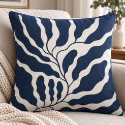 Navy-blaauw kussen met botanisch patroon